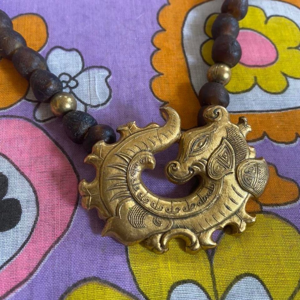 Vintage genuine gold bronze glass bead Dragon necklace